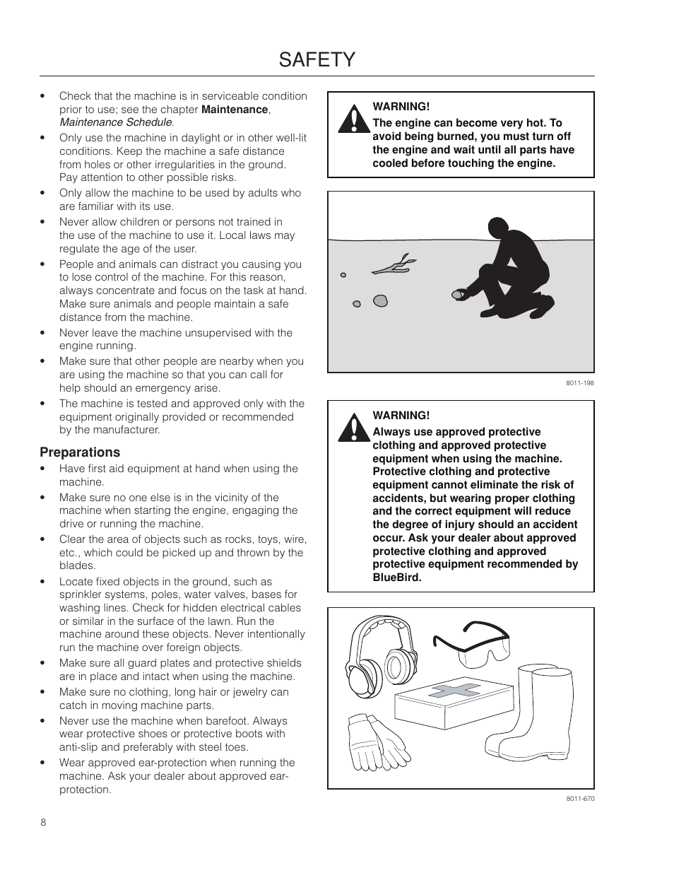 Preparations, Safety | BlueBird 966067901_S22B5DA User Manual | Page 8 / 32
