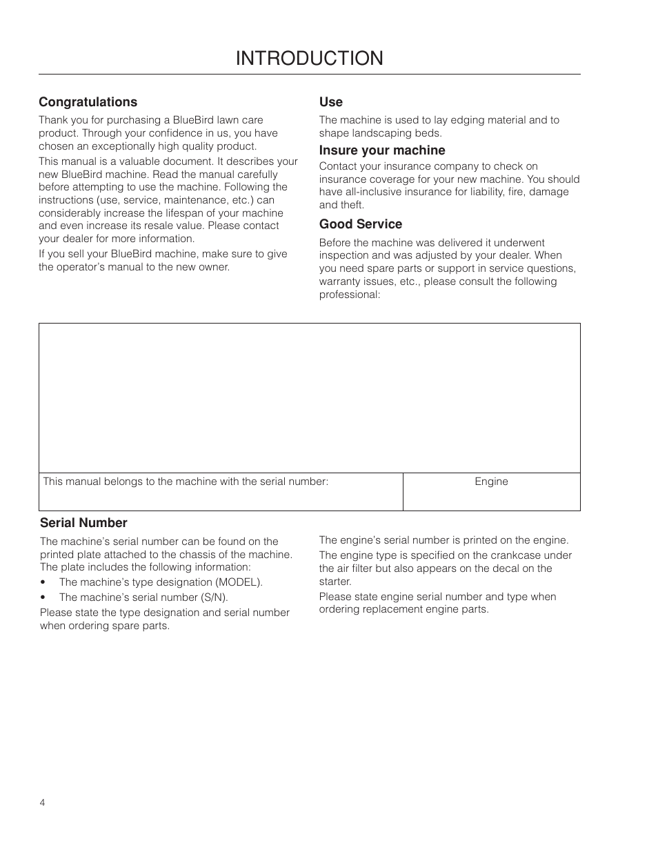 Introduction, Good service, Serial number | BlueBird BB550A_968999494 User Manual | Page 4 / 24