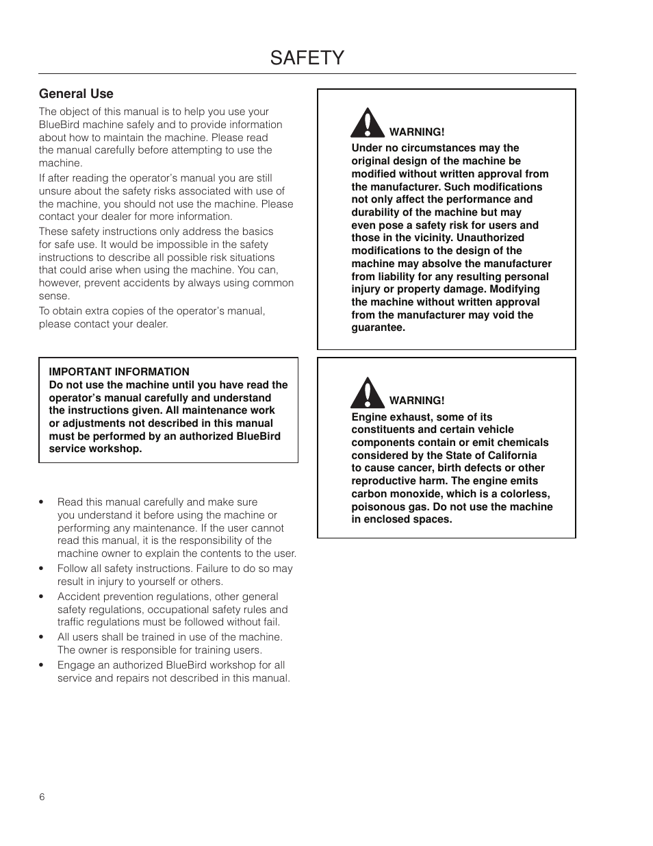 Safety, General use | BlueBird BB550A_968999494 User Manual | Page 6 / 24