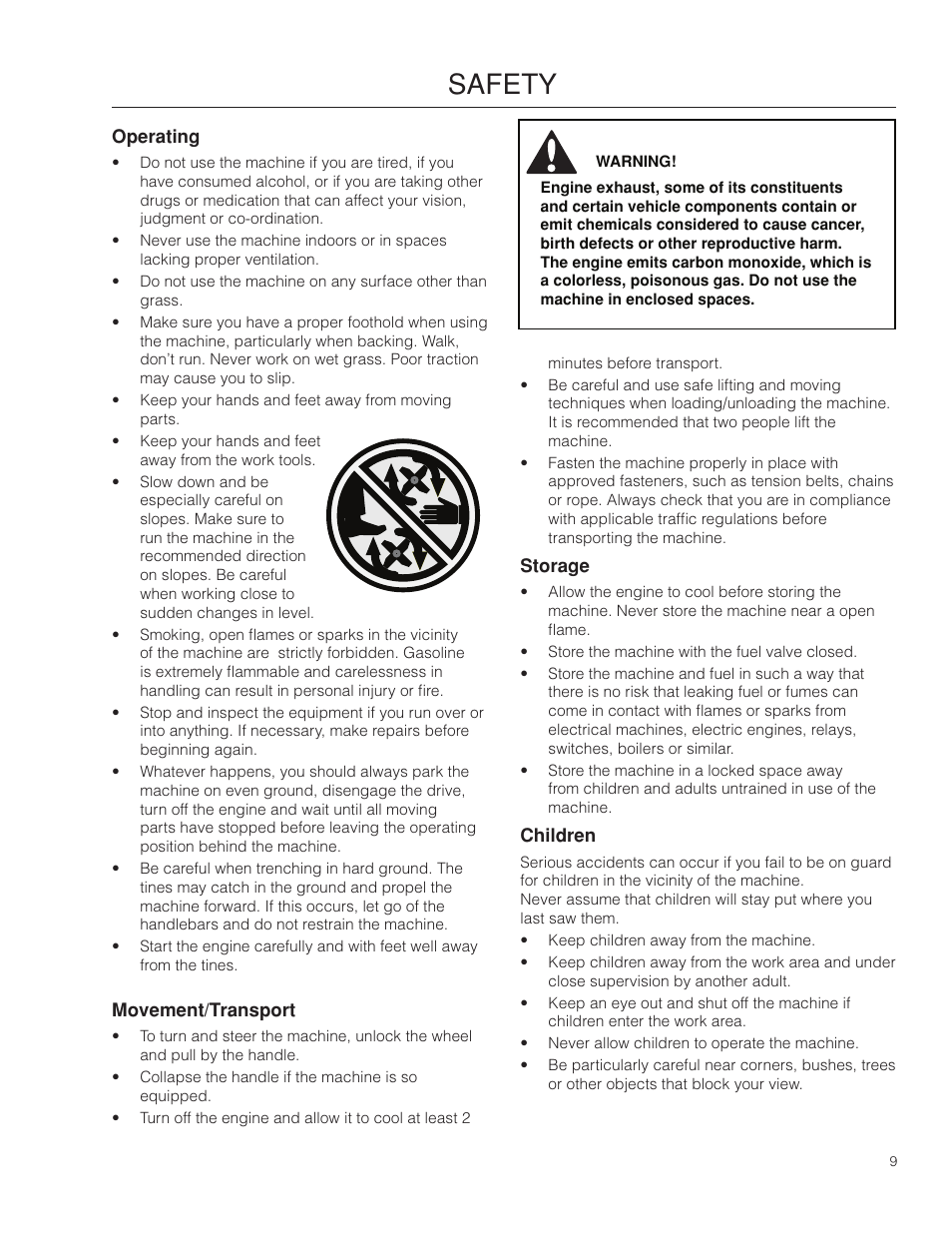 Operating, Movement/transport, Storage | Safety | BlueBird BB550A_968999494 User Manual | Page 9 / 24