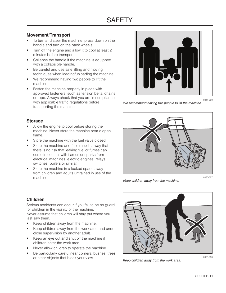 Movement/transport, Storage, Children | Safety | BlueBird S530B_968999683 User Manual | Page 11 / 36