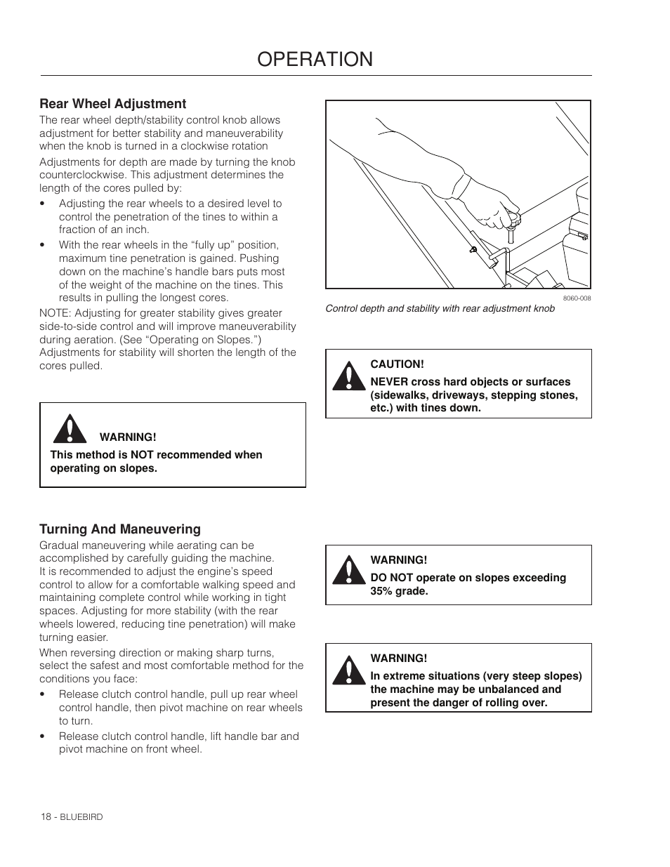 Rear wheel adjustment, Turning and maneuvering, Operation | BlueBird S530B_968999683 User Manual | Page 18 / 36