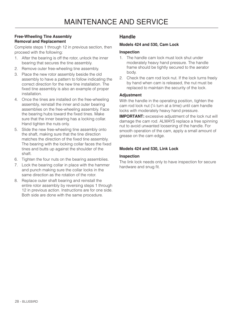 Handle, Maintenance and service | BlueBird S530B_968999683 User Manual | Page 28 / 36