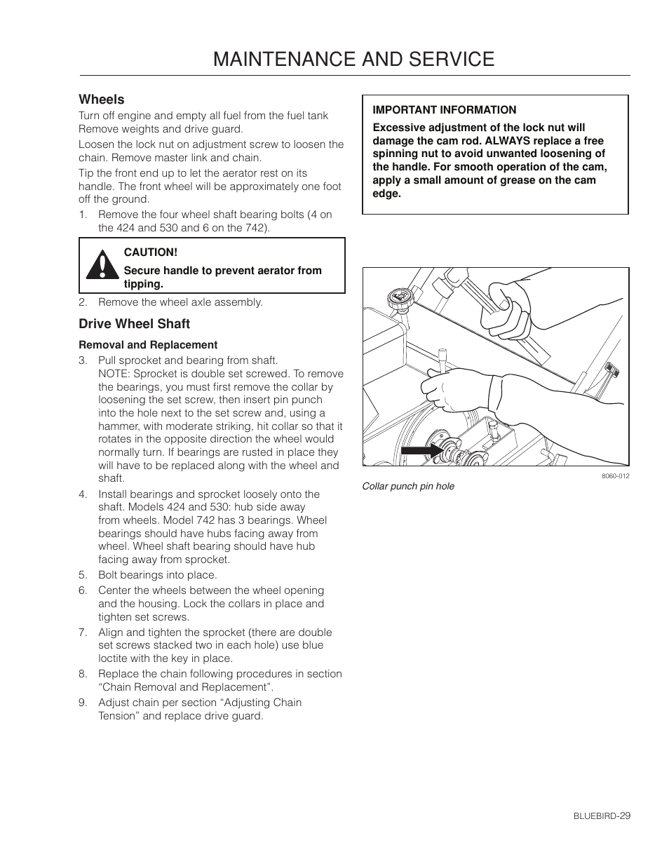 Wheels, Drive wheel shaft, Maintenance and service | BlueBird S530B_968999683 User Manual | Page 29 / 36