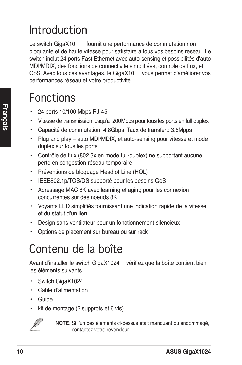 Introduction, Fonctions, Contenu de la boîte | Asus GigaX1024X User Manual | Page 11 / 57