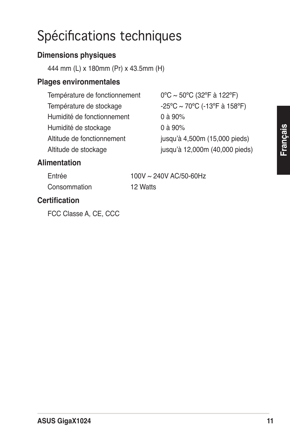 Spéciﬁcations techniques | Asus GigaX1024X User Manual | Page 12 / 57
