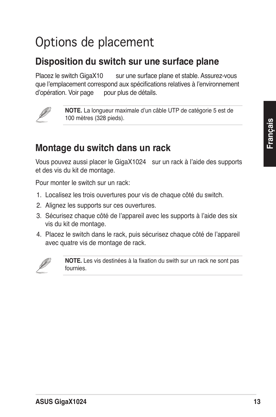 Options de placement, Disposition du switch sur une surface plane, Montage du switch dans un rack | Asus GigaX1024X User Manual | Page 14 / 57
