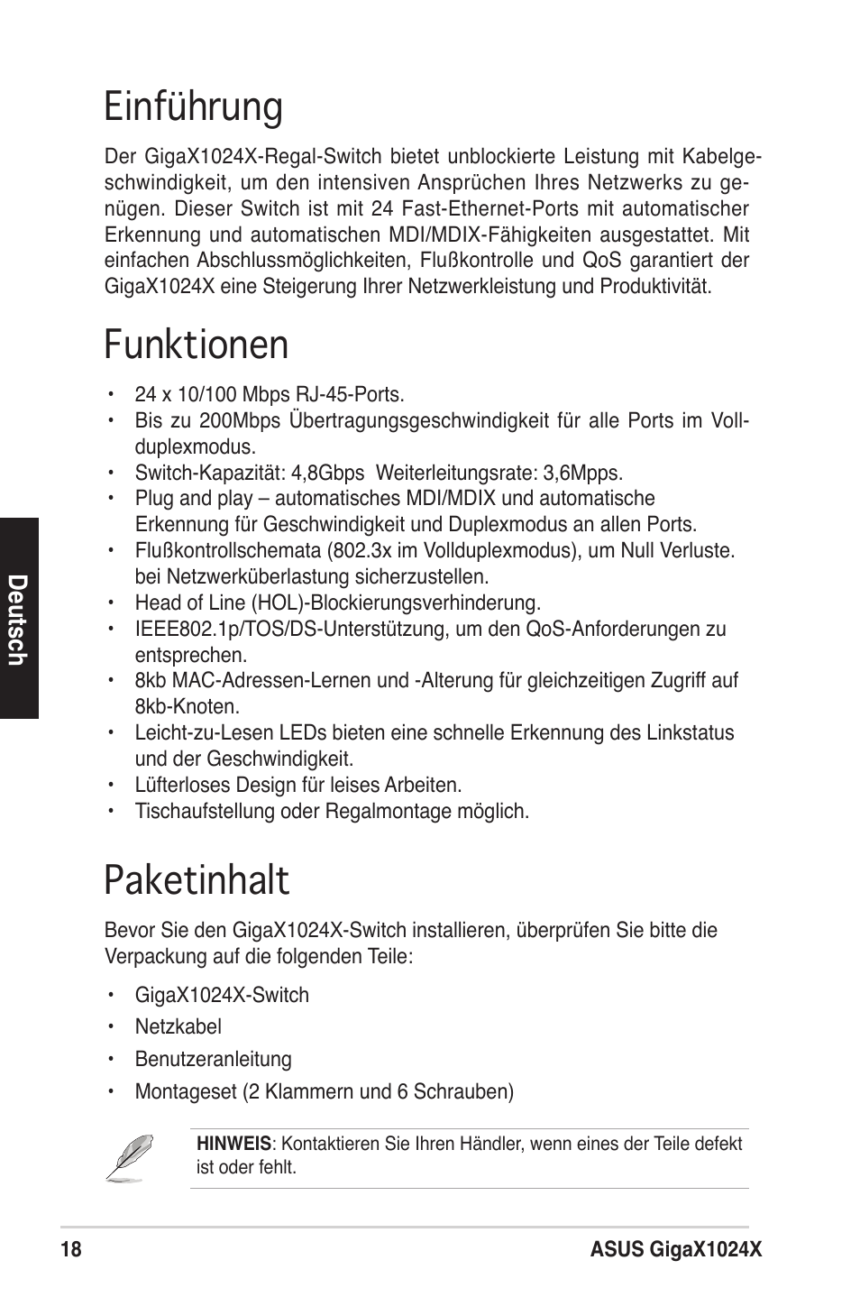 Einführung, Funktionen, Paketinhalt | Asus GigaX1024X User Manual | Page 19 / 57