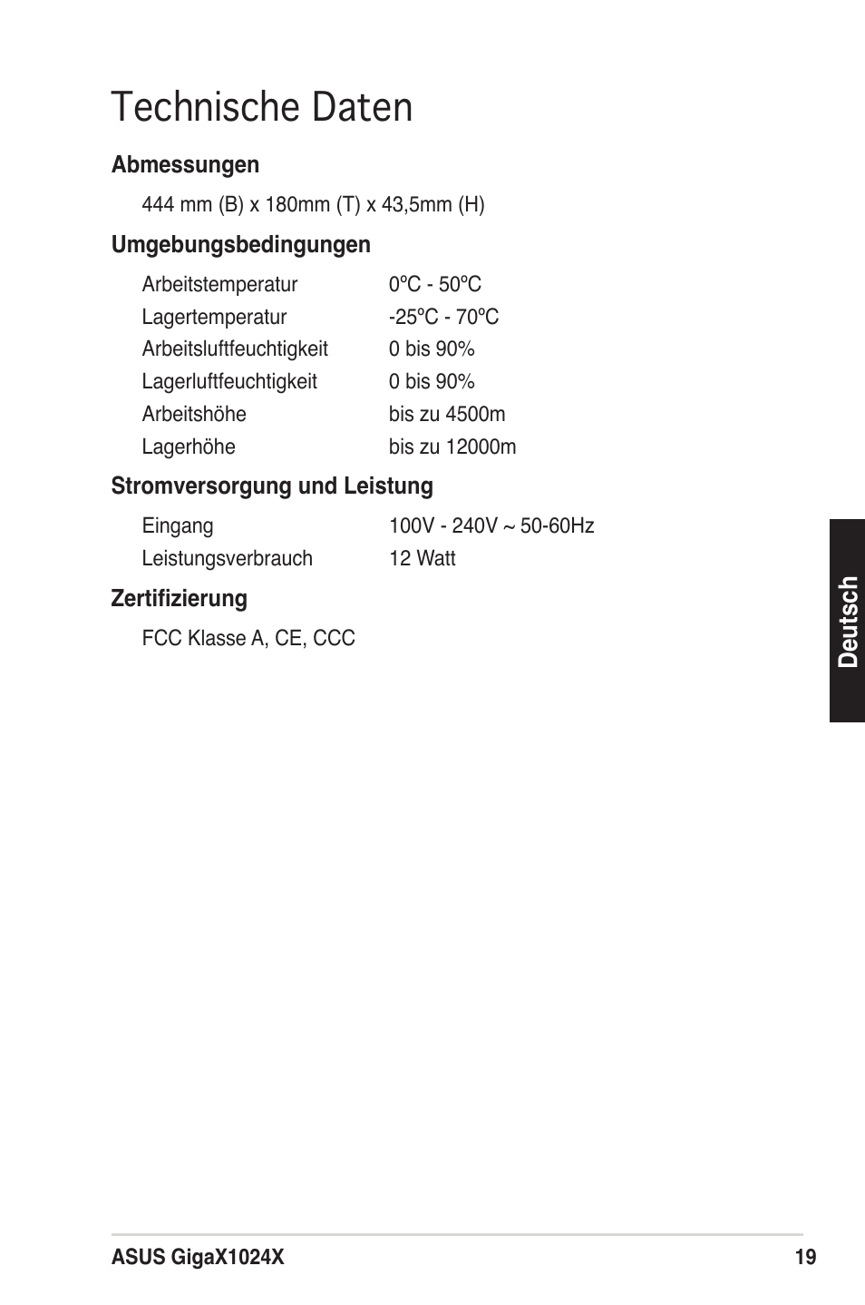 Technische daten | Asus GigaX1024X User Manual | Page 20 / 57