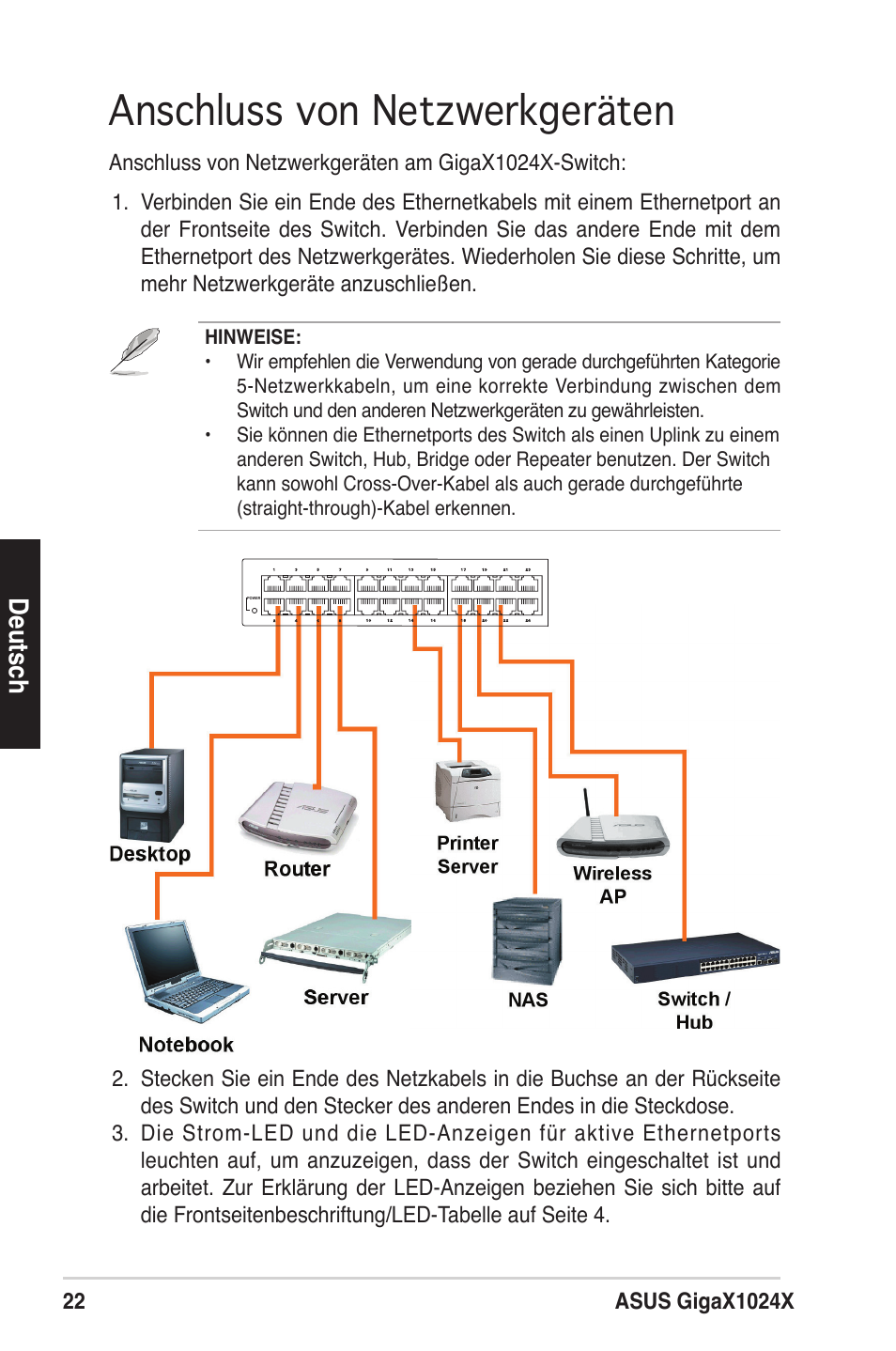 Anschluss von netzwerkgeräten, Deutsch | Asus GigaX1024X User Manual | Page 23 / 57