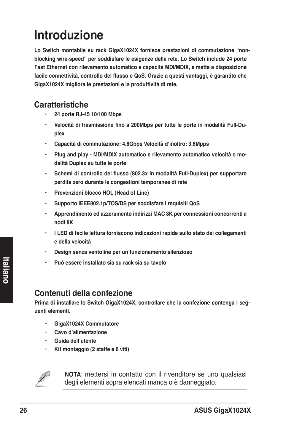 Introduzione, Italiano, Caratteristiche | Contenuti della confezione | Asus GigaX1024X User Manual | Page 27 / 57