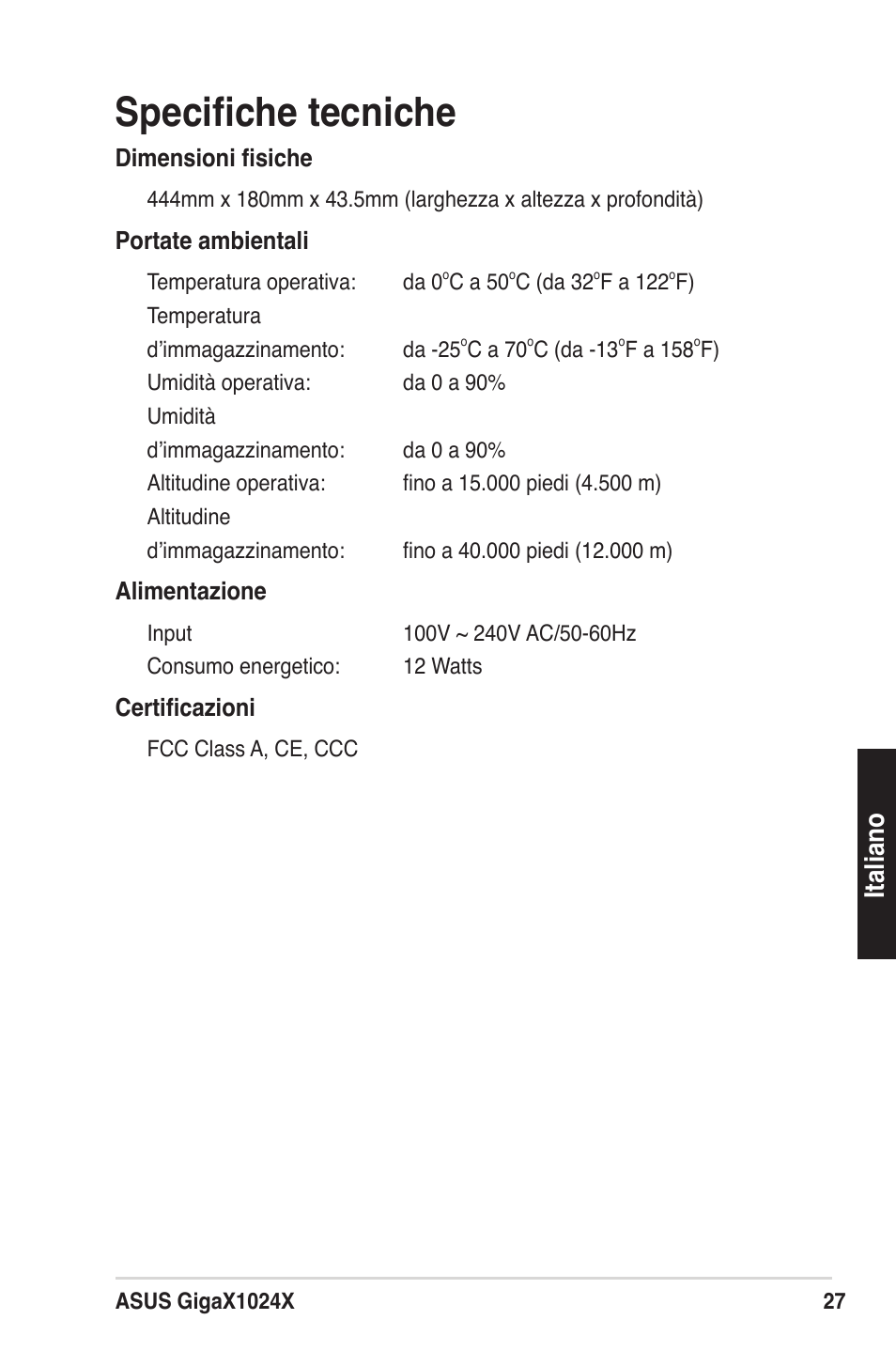 Speciﬁche tecniche, Italiano | Asus GigaX1024X User Manual | Page 28 / 57