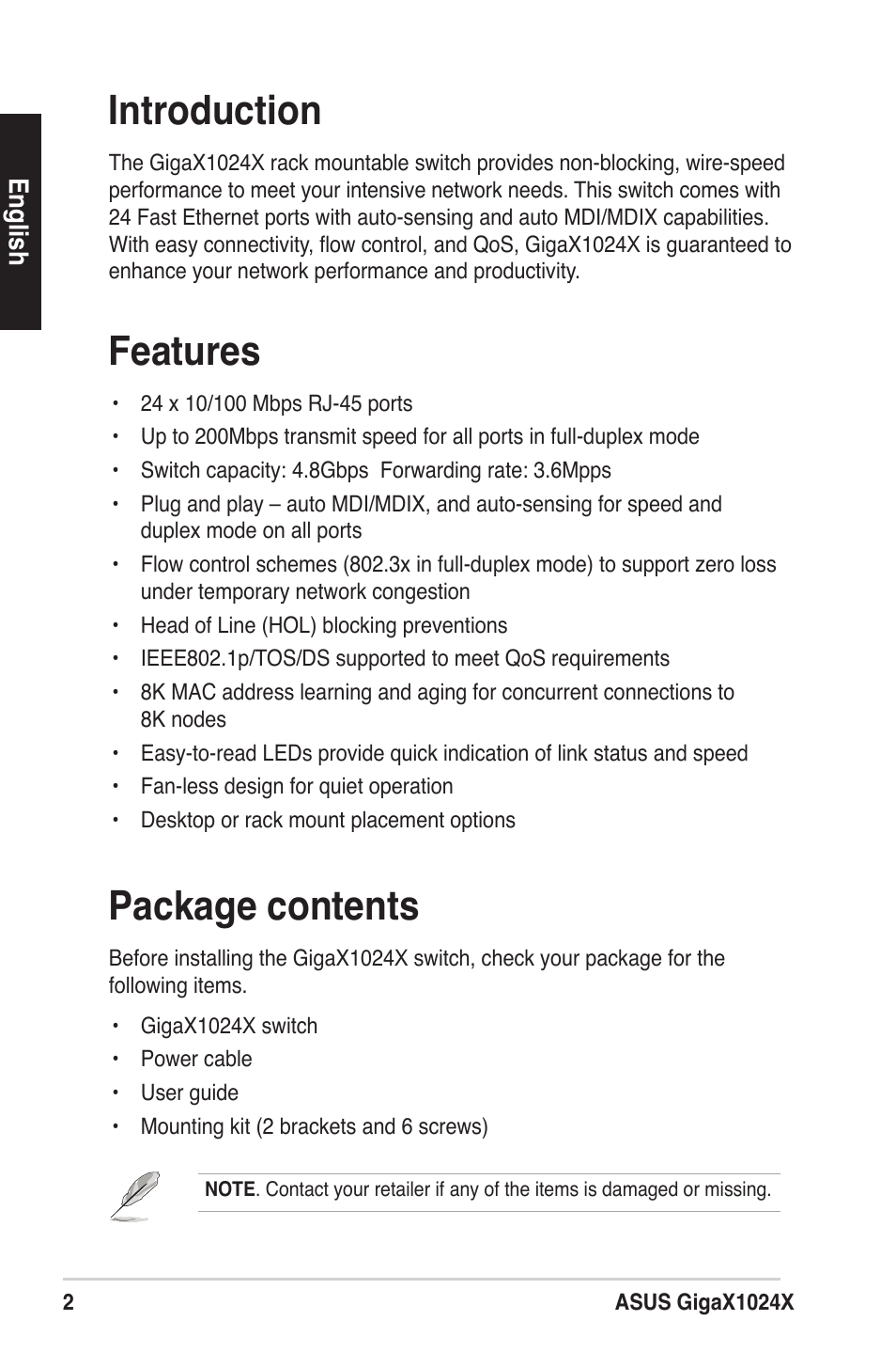 Introduction, Features, Package contents | Asus GigaX1024X User Manual | Page 3 / 57