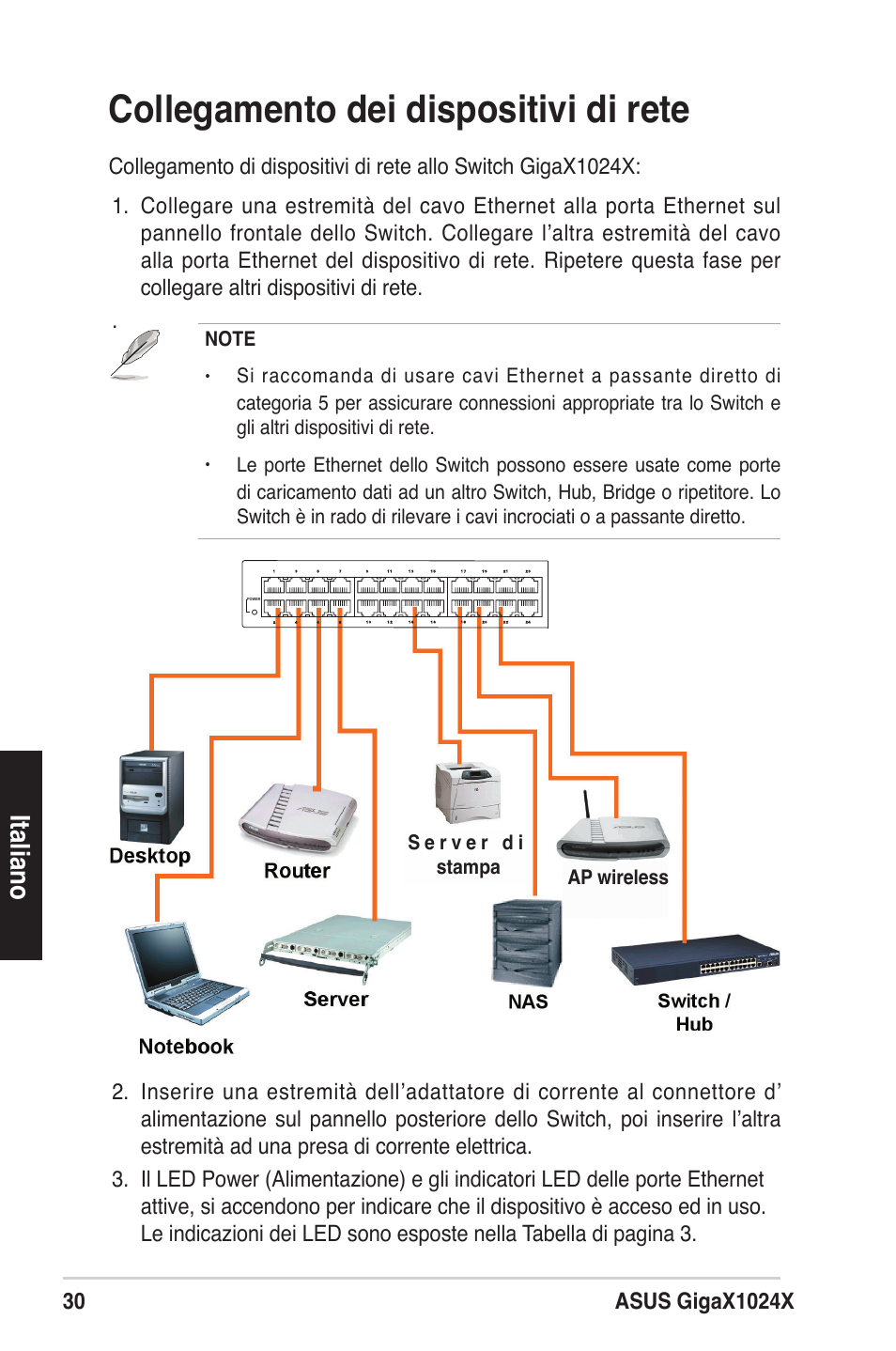 Collegamento dei dispositivi di rete, Italiano | Asus GigaX1024X User Manual | Page 31 / 57