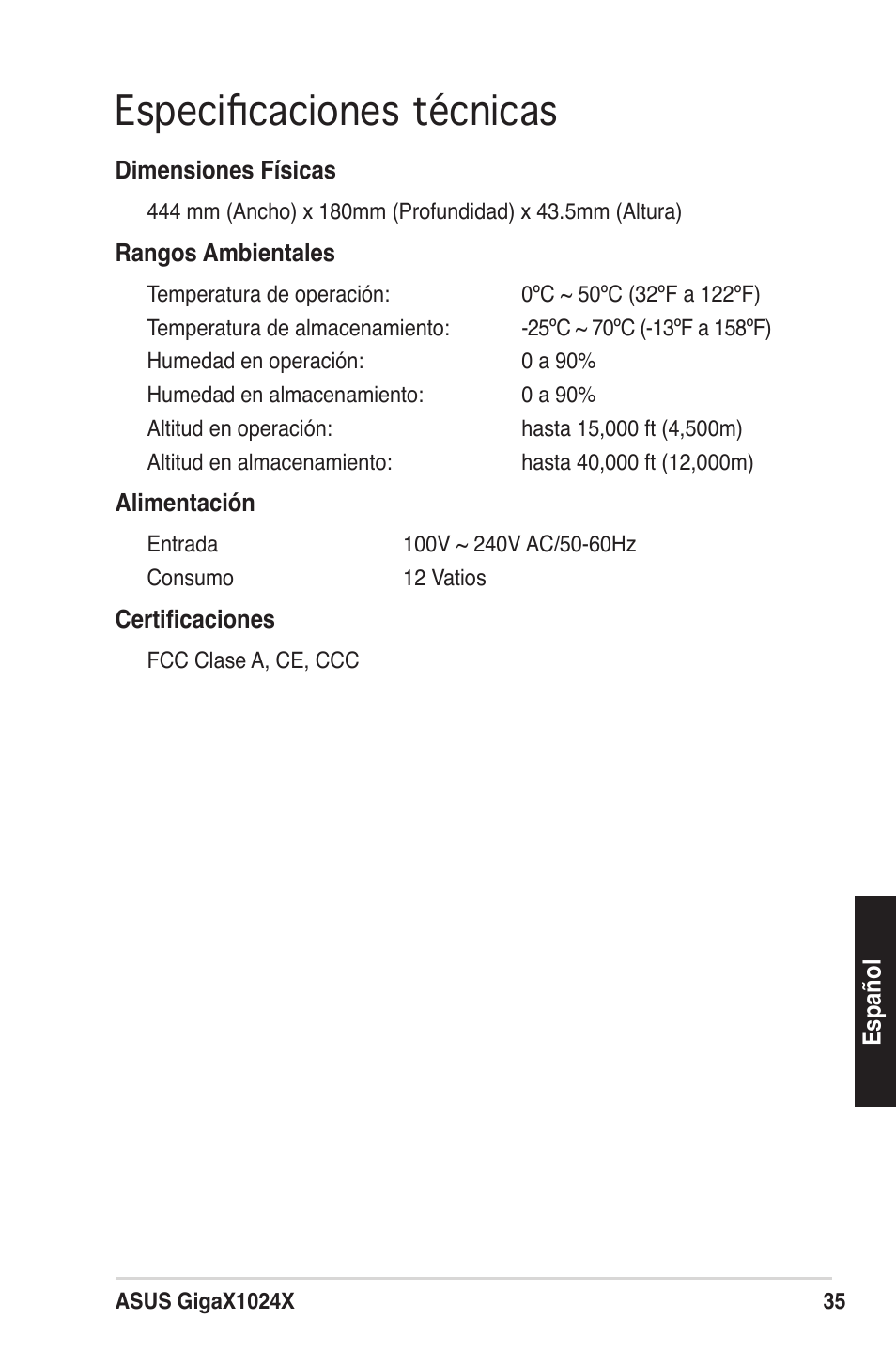 Especiﬁcaciones técnicas | Asus GigaX1024X User Manual | Page 36 / 57