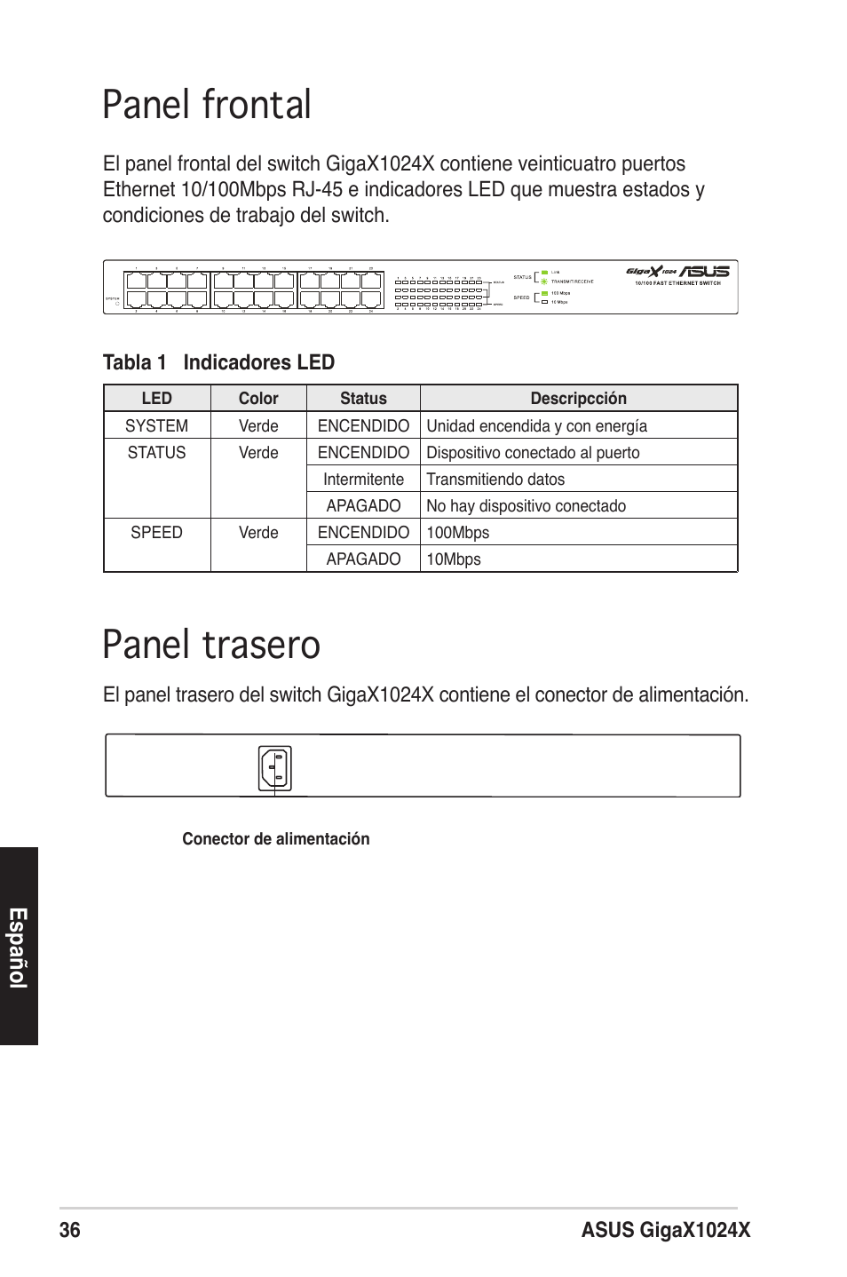 Panel trasero panel frontal, Español | Asus GigaX1024X User Manual | Page 37 / 57