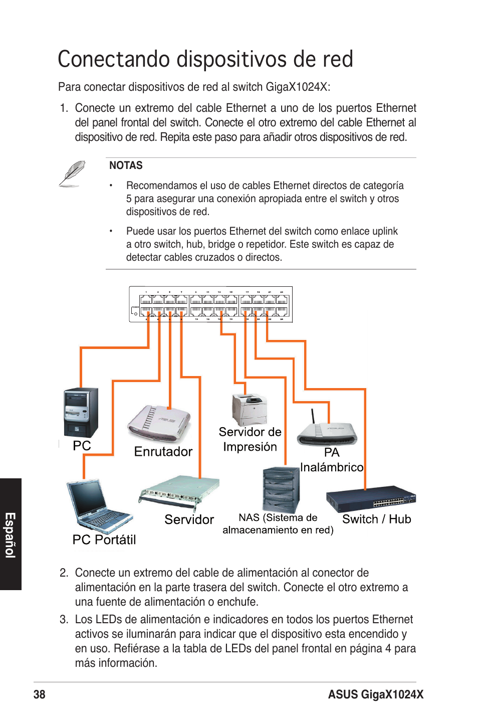 Conectando dispositivos de red, Español | Asus GigaX1024X User Manual | Page 39 / 57