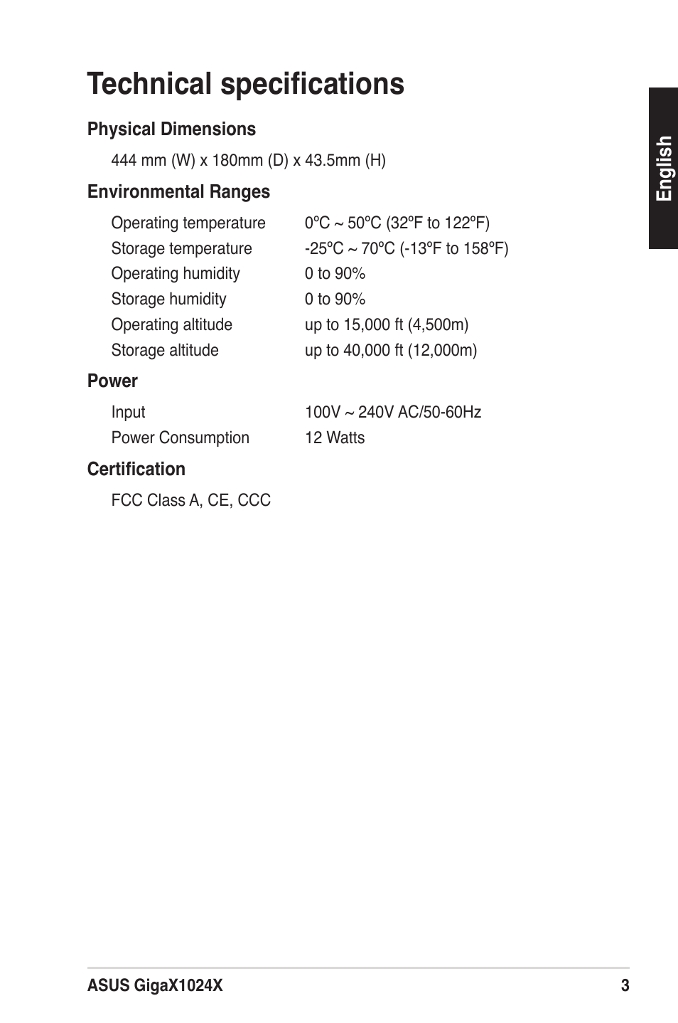 Technical specifications | Asus GigaX1024X User Manual | Page 4 / 57