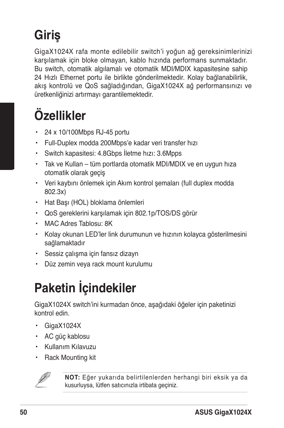 Giriş, Özellikler, Paketin içindekiler | Asus GigaX1024X User Manual | Page 51 / 57