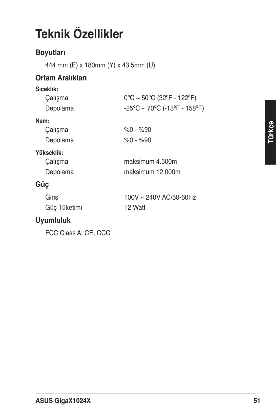 Teknik özellikler | Asus GigaX1024X User Manual | Page 52 / 57