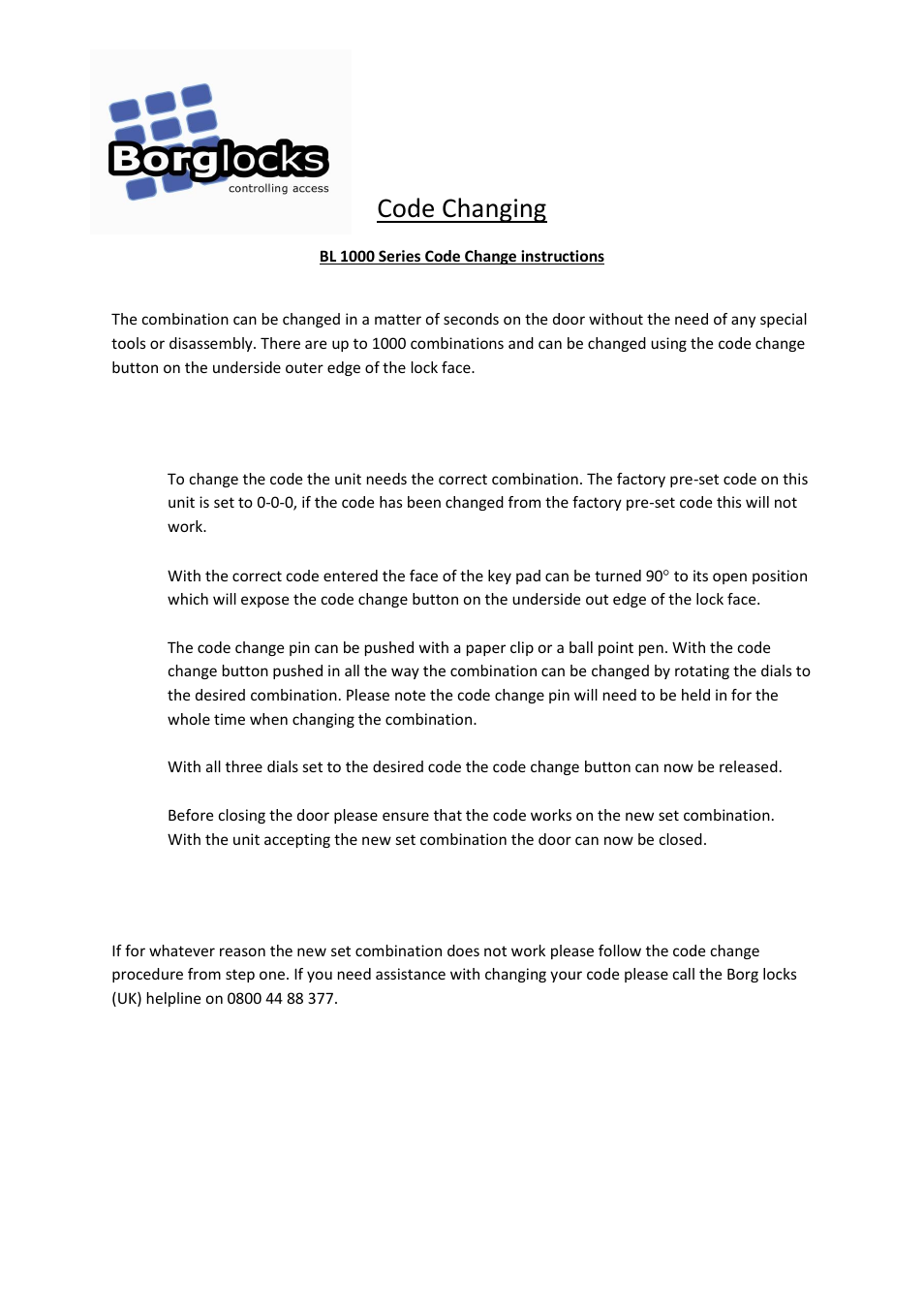 Borg Locks BL 1000 Series Code Change instructions User Manual | 1 page