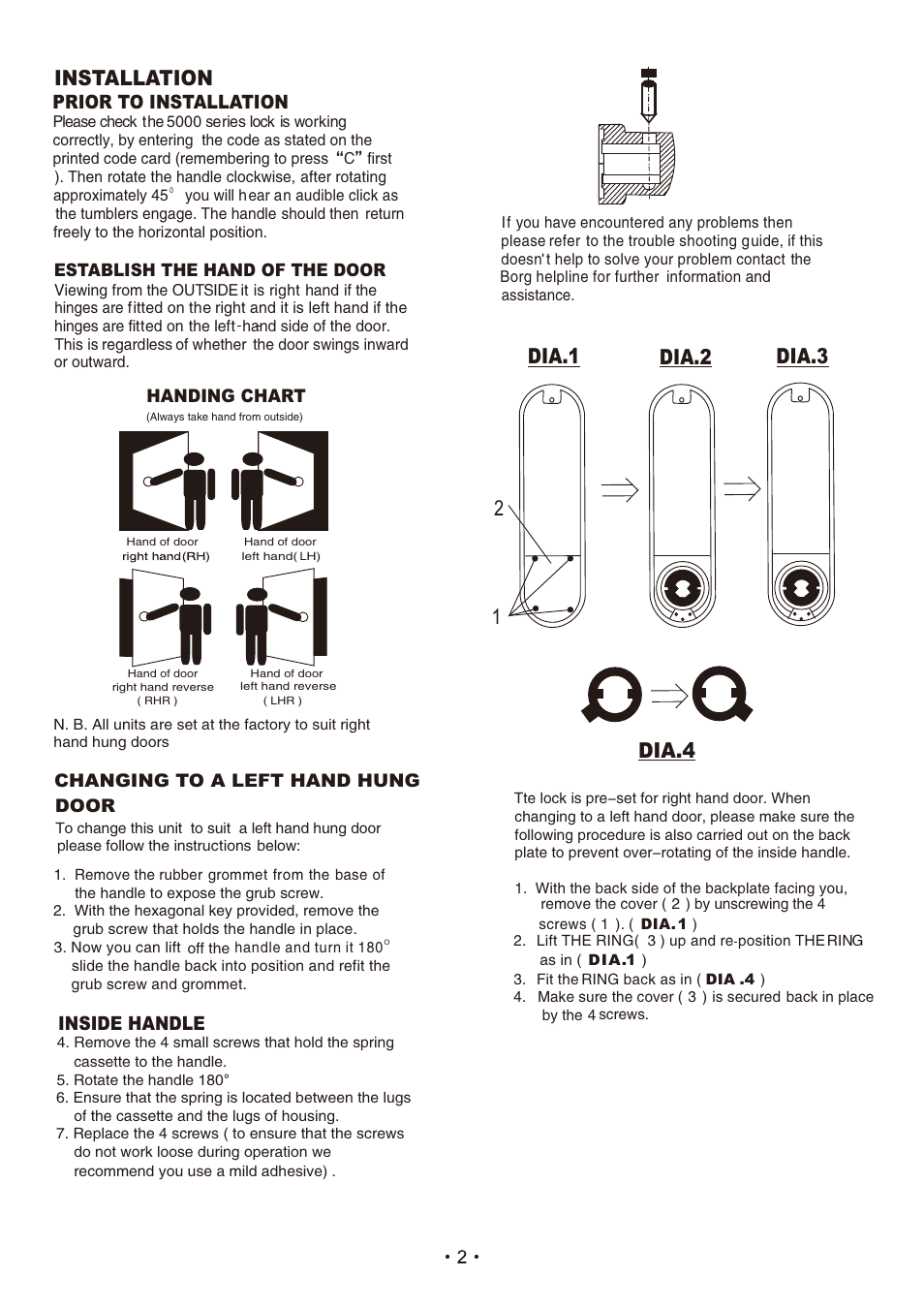 5001说明书2013.3(b), Installation, Dia.4 | Prior to installation, Inside handle | Borg Locks BL 5001 Series User Manual | Page 2 / 5