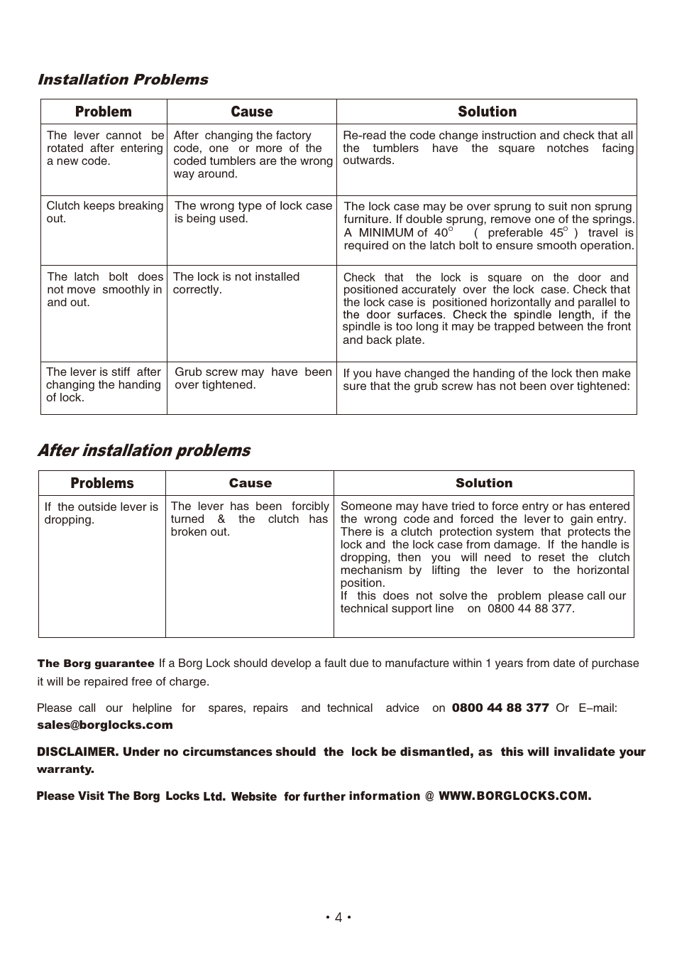 5001说明书2013.3(d), After installation problems, Installation problems | Problem cause, Problems, Solution | Borg Locks BL 5001 Series User Manual | Page 4 / 5