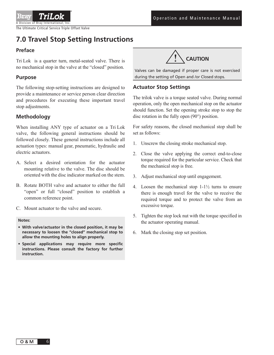 0 travel stop setting instructions | Bray Triple Offset User Manual | Page 8 / 24
