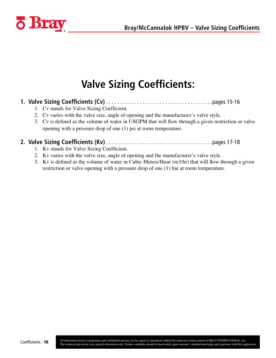 Valve sizing coefficients | Bray 40_41 User Manual | Page 16 / 23