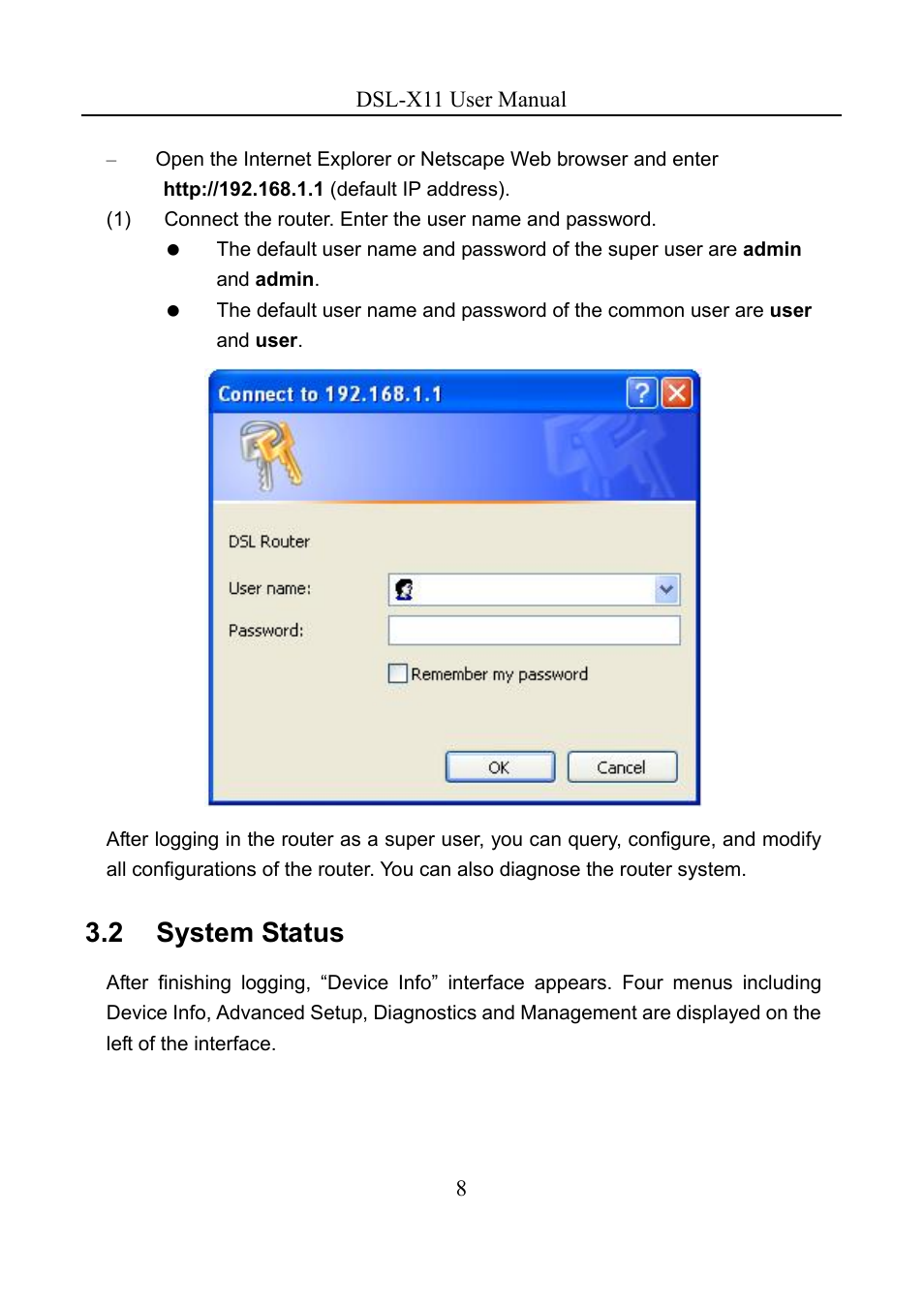 2 system status | Asus DSL-X11 User Manual | Page 11 / 77