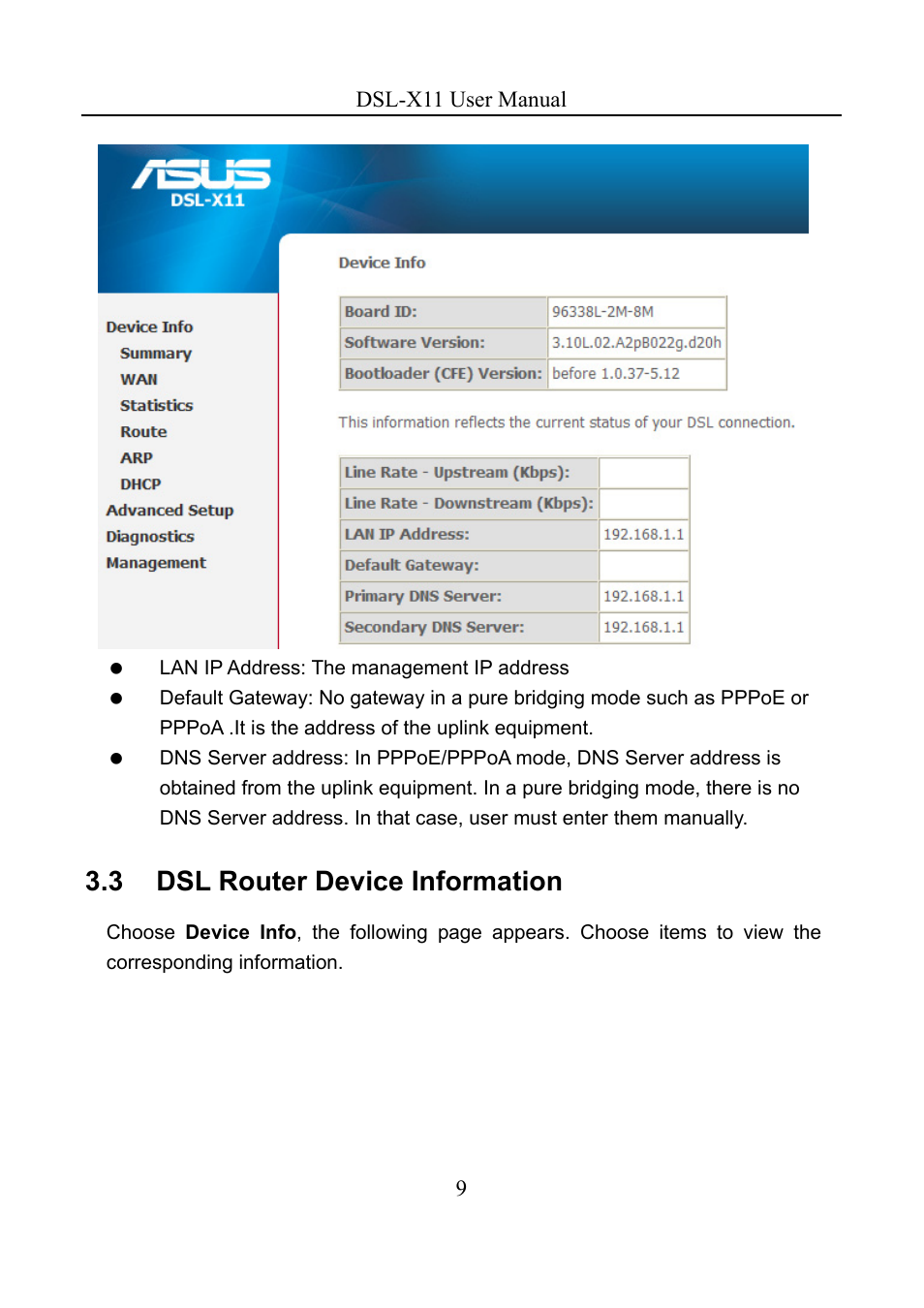 3 dsl router device information | Asus DSL-X11 User Manual | Page 12 / 77