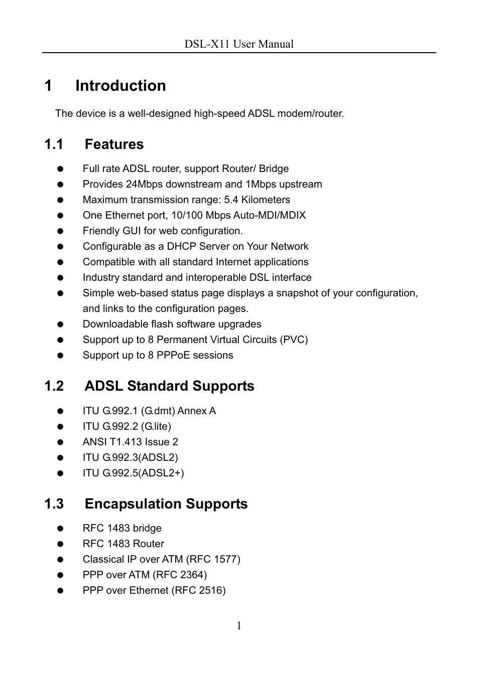 1 introduction, 1 features, 2 adsl standard supports | 3 encapsulation supports | Asus DSL-X11 User Manual | Page 4 / 77