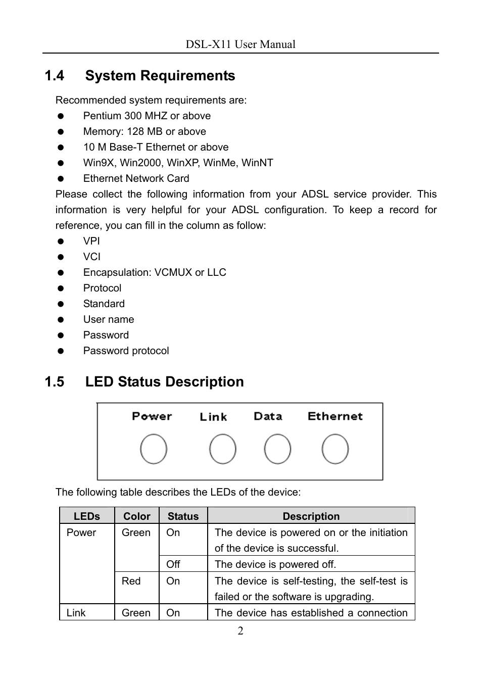 4 system requirements, 5 led status description | Asus DSL-X11 User Manual | Page 5 / 77