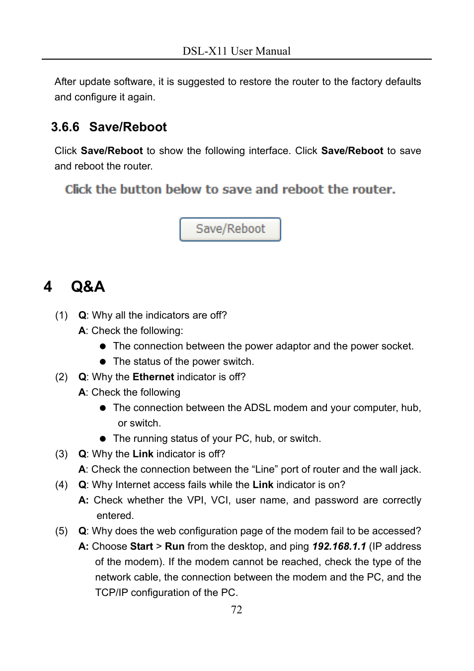 4 q&a, 6 save/reboot | Asus DSL-X11 User Manual | Page 75 / 77