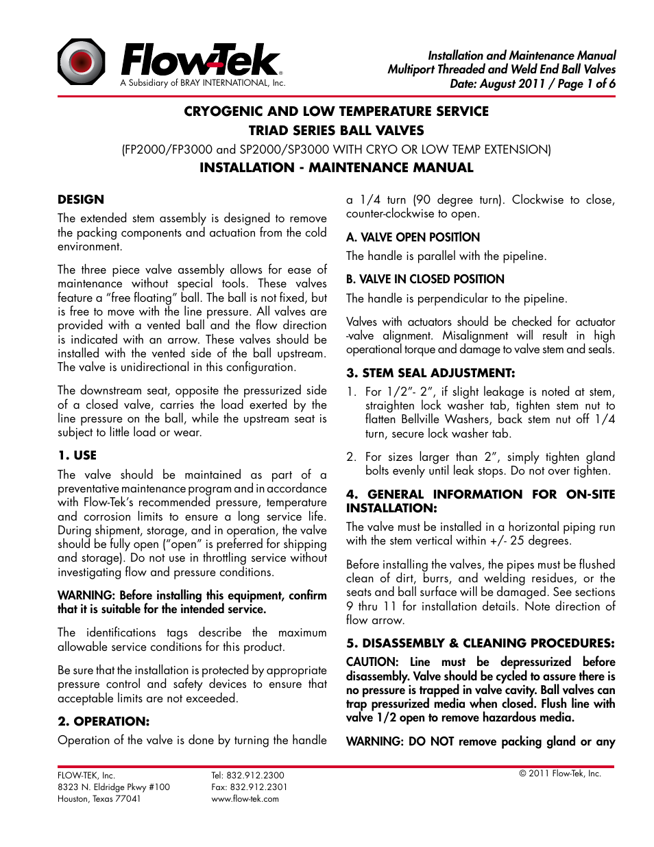 Bray Cryogenic User Manual | 6 pages