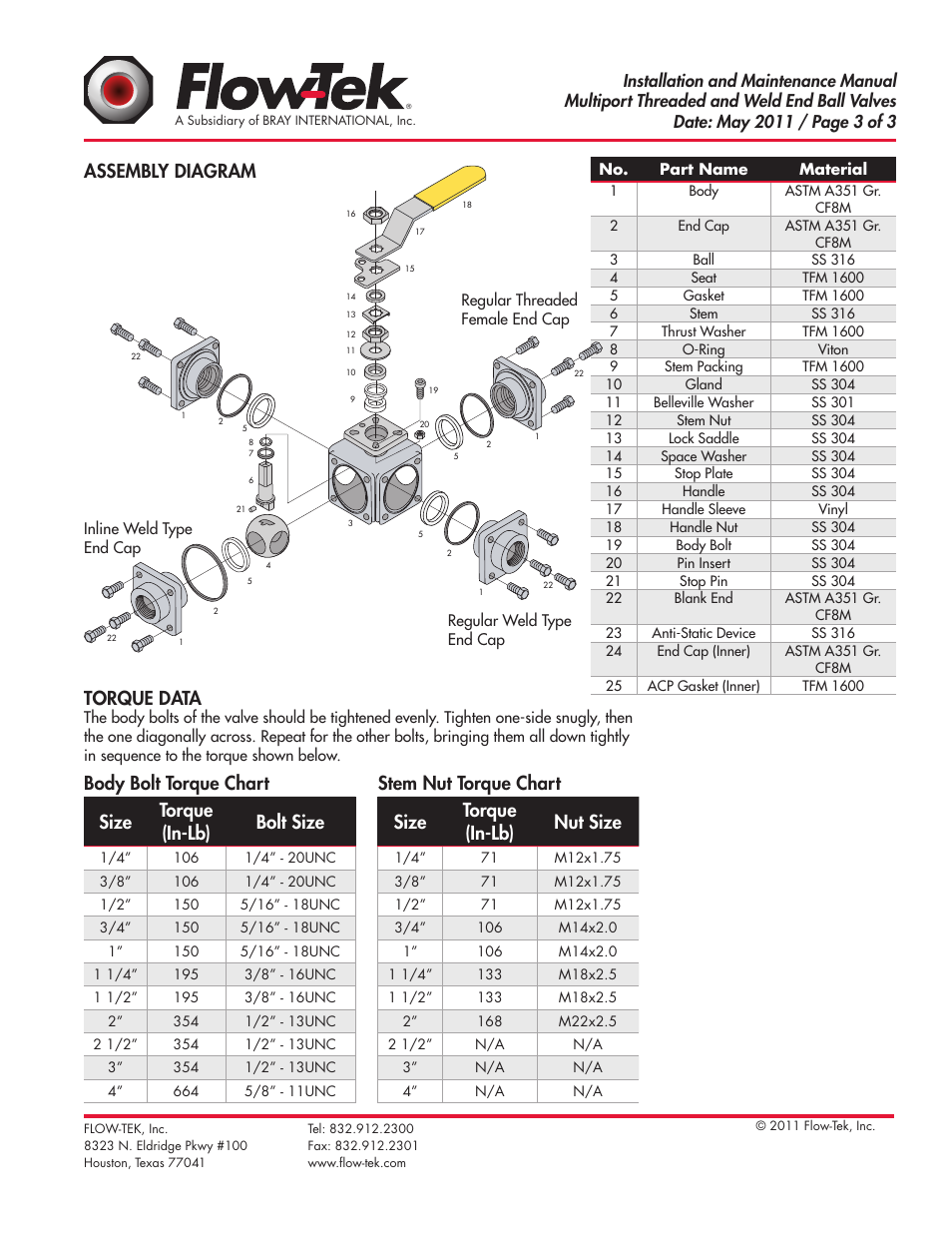 Torque data, Assembly diagram | Bray Multi-Port Series User Manual | Page 3 / 3