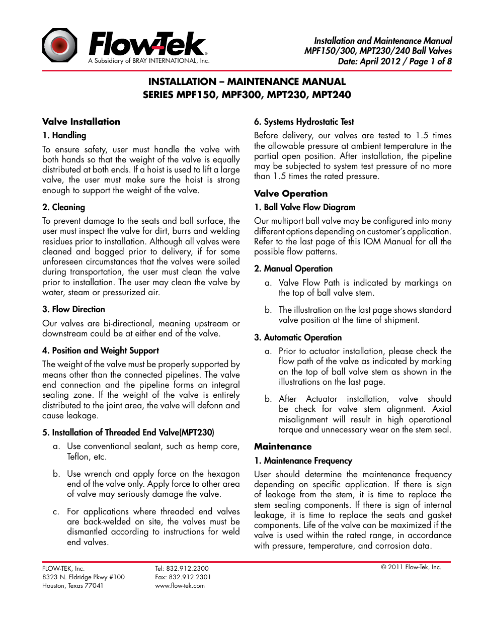 Bray MPF150_130_230_240 Series User Manual | 8 pages