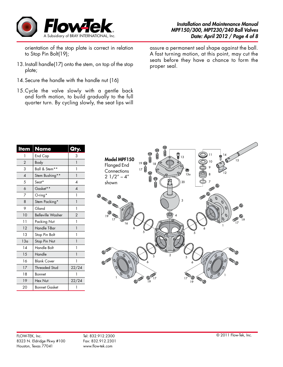 Item name qty | Bray MPF150_130_230_240 Series User Manual | Page 4 / 8