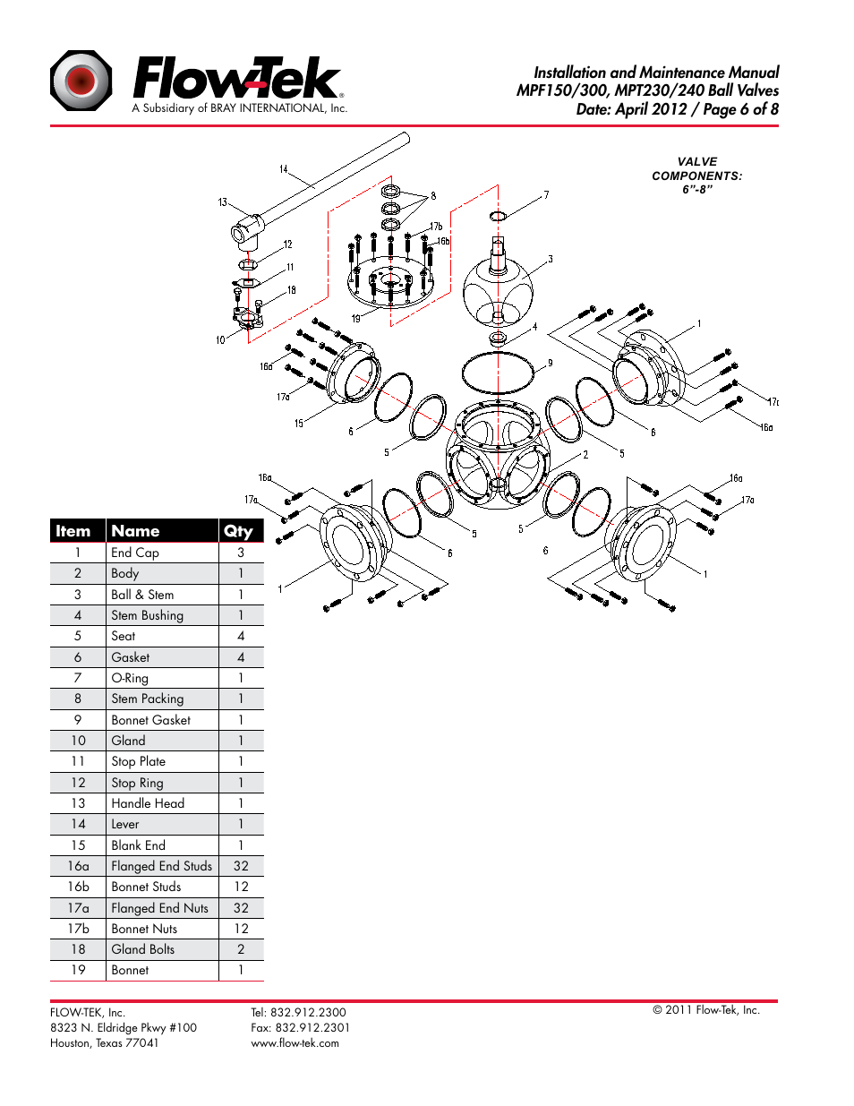 Item name qty, Valve components: 6-8 | Bray MPF150_130_230_240 Series User Manual | Page 6 / 8