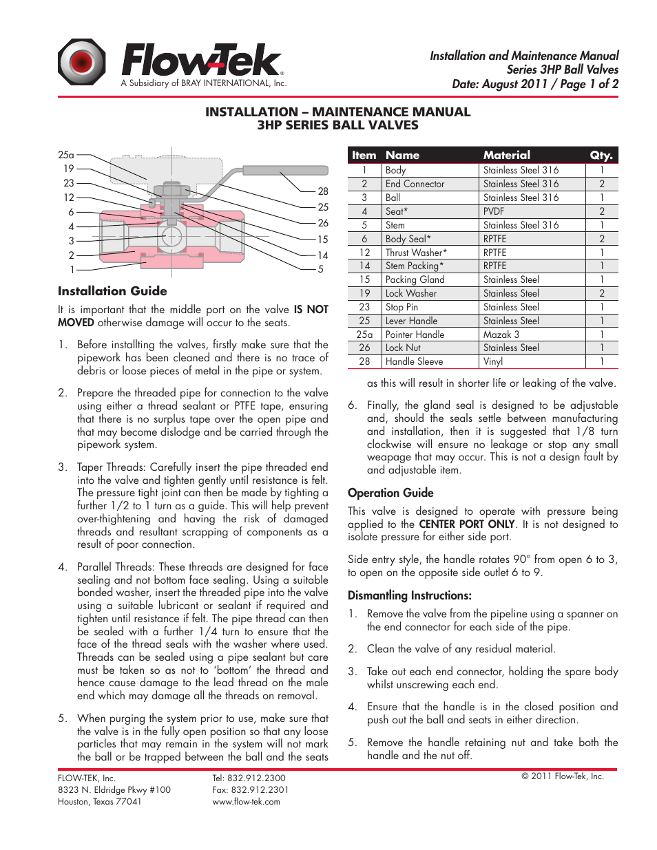 Bray 3HP User Manual | 2 pages