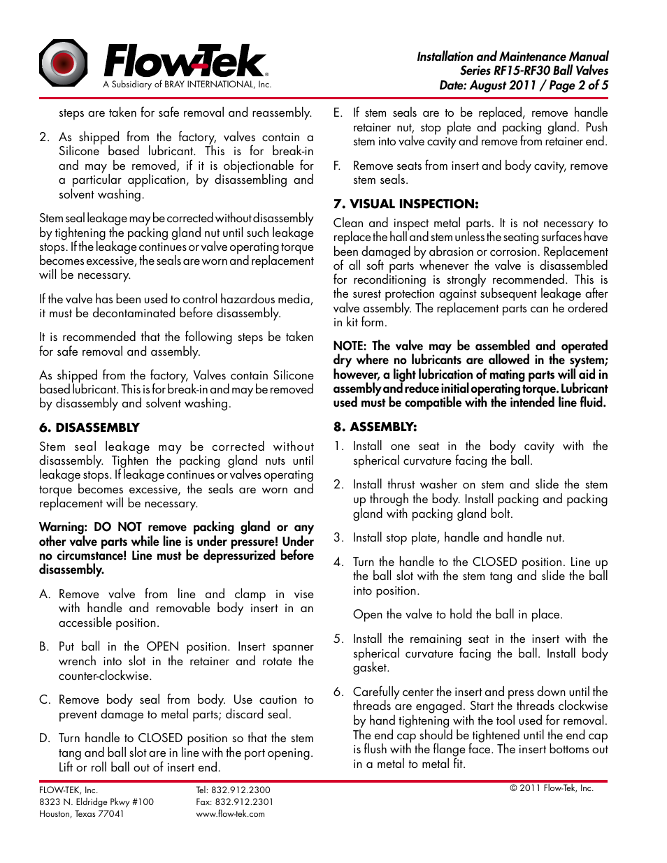 Bray RF15 & RF30 User Manual | Page 2 / 5