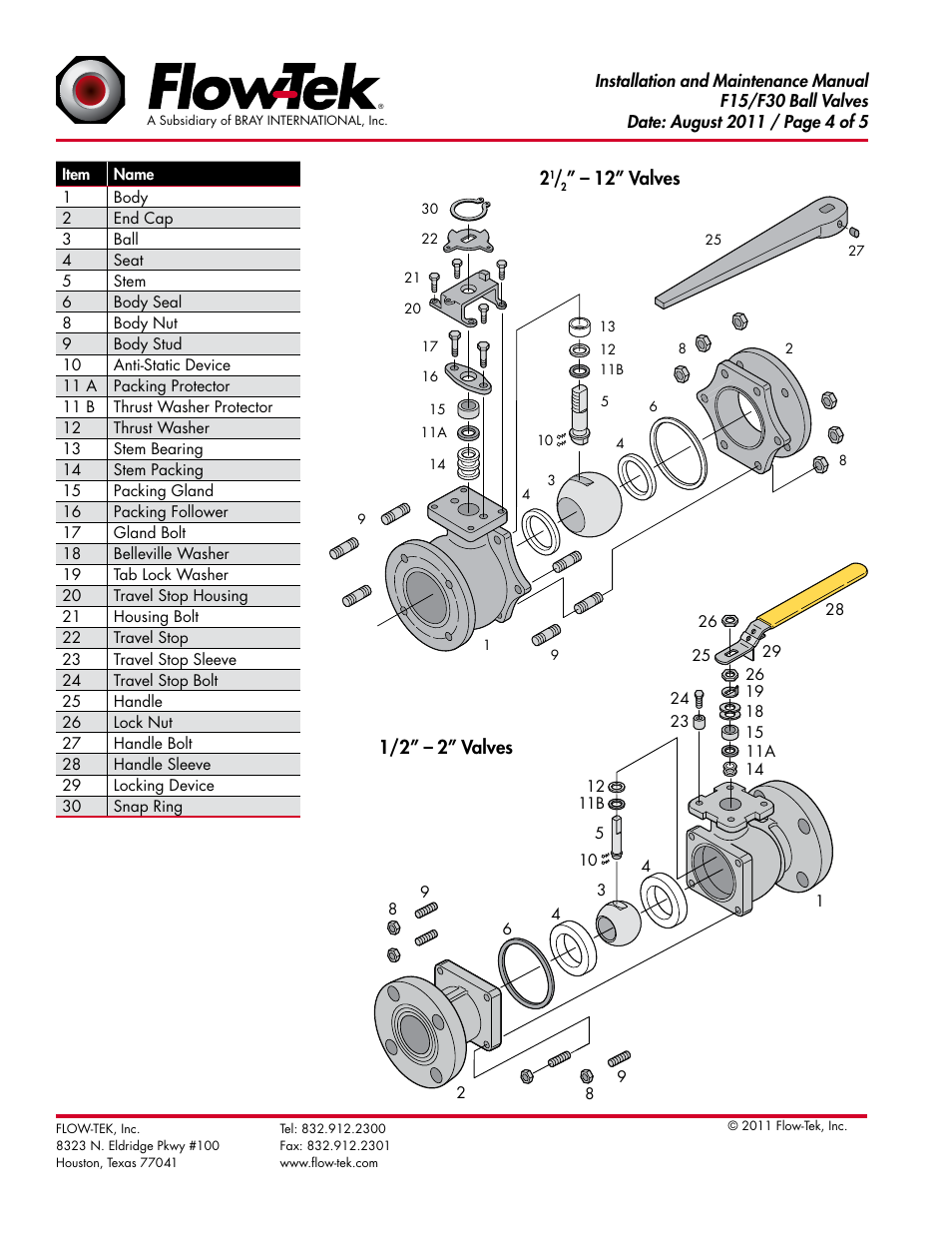 12” valves, 1/2” – 2” valves | Bray F15 & F30 User Manual | Page 4 / 5