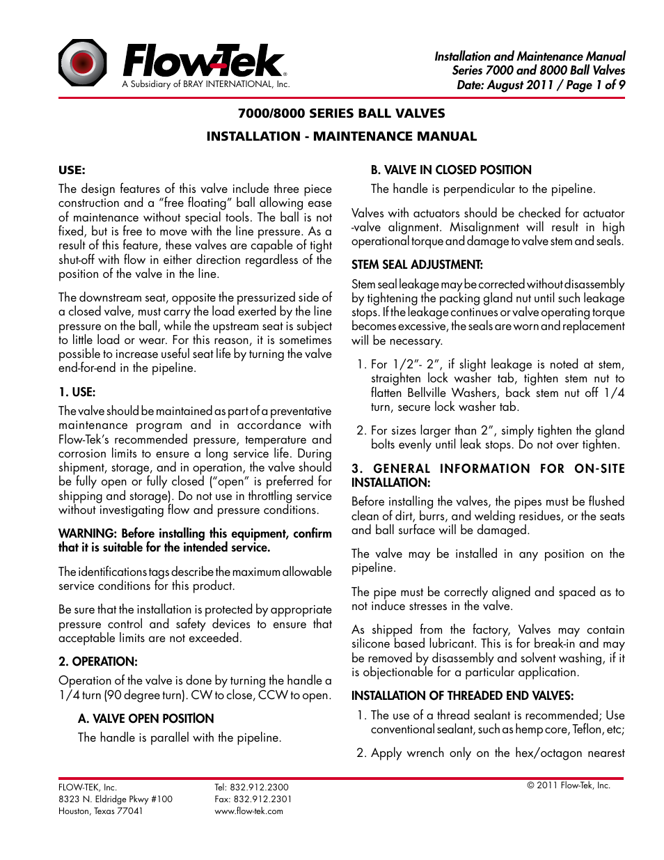 Bray 7000_8000 Series User Manual | 9 pages