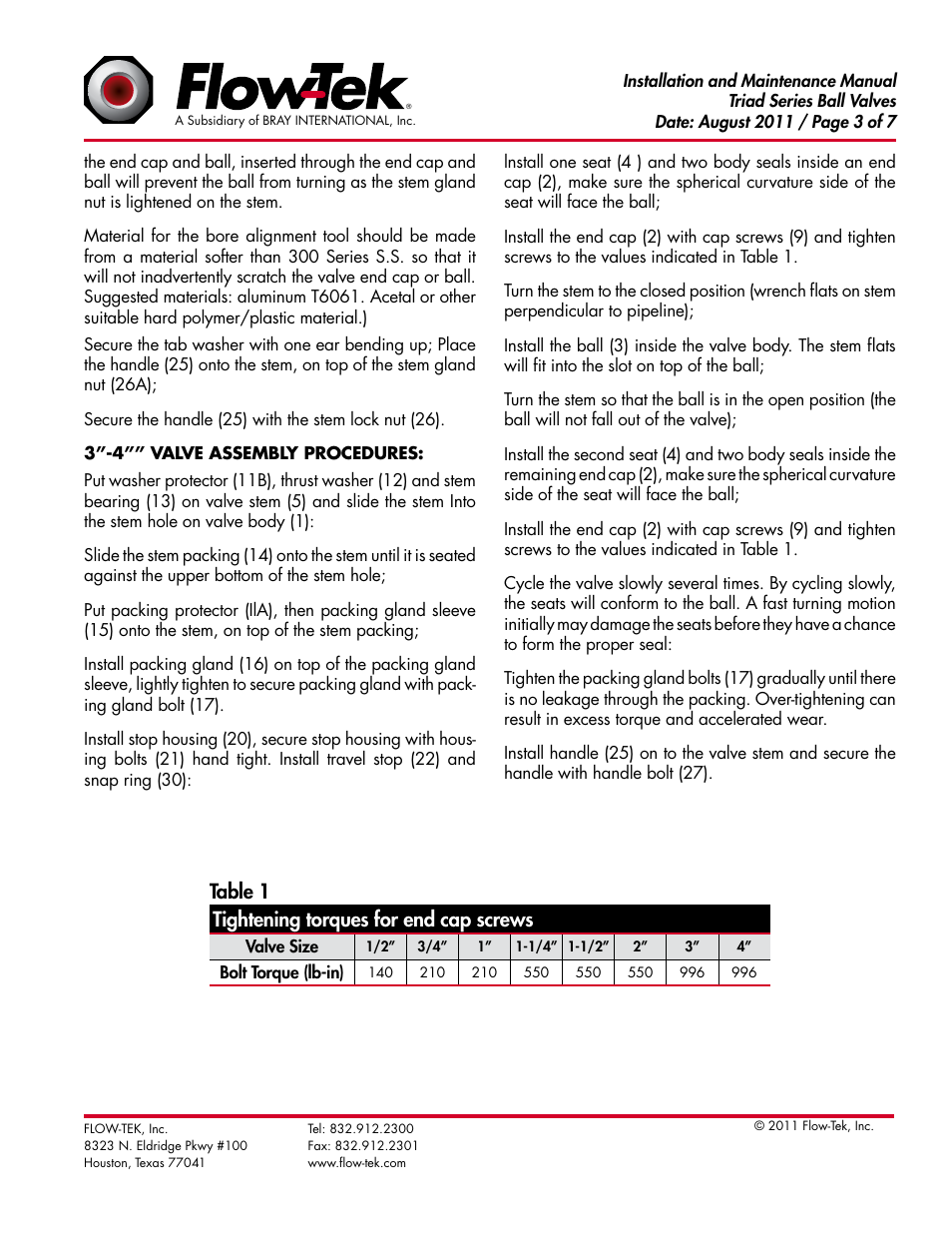 Table 1 tightening torques for end cap screws | Bray Triad Series User Manual | Page 3 / 7