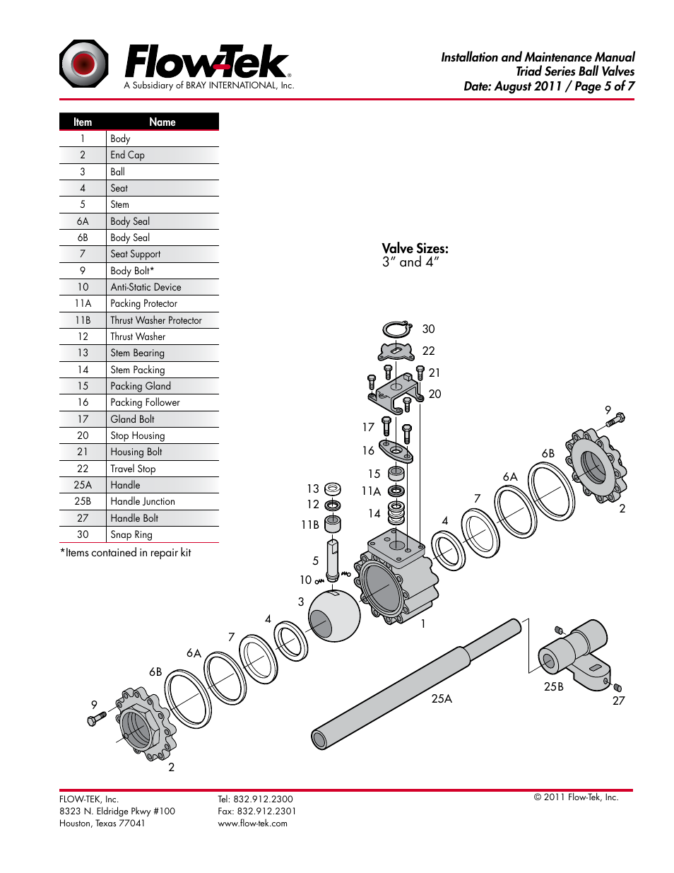 Valve sizes: 3” and 4 | Bray Triad Series User Manual | Page 5 / 7