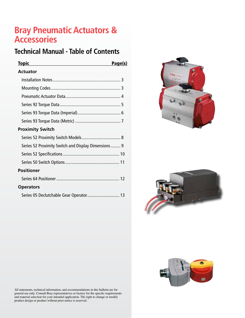Bray pneumatic actuators & accessories, Technical manual - table of contents | Bray Pneumatic Actuators & Accessories User Manual | Page 2 / 13