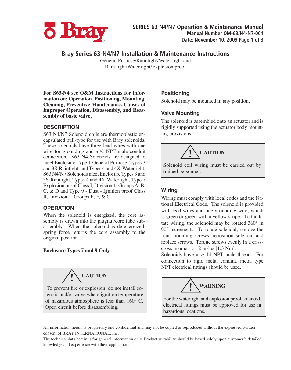 Bray 63 N4_N7 Series User Manual | 3 pages