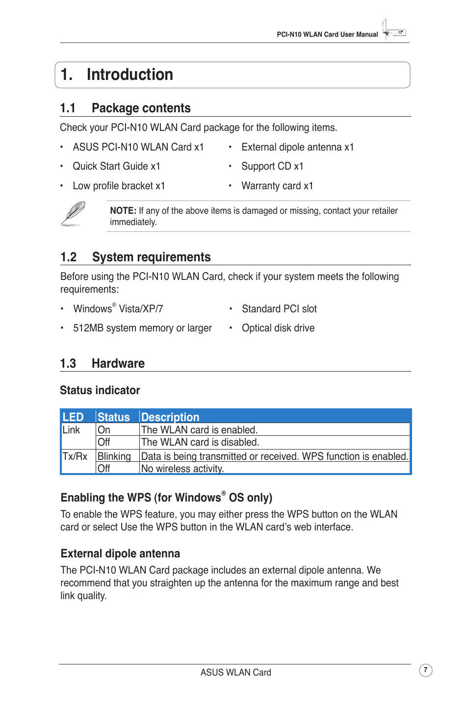 Introduction, 1 package contents, 2 system requirements | 3 hardware,  hardware | Asus PCI-N10 User Manual | Page 10 / 34