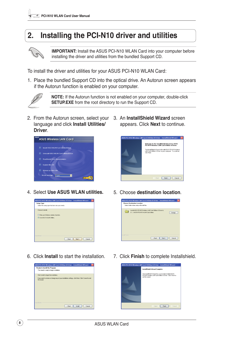 Installing the pci-n10 driver and utilities | Asus PCI-N10 User Manual | Page 11 / 34