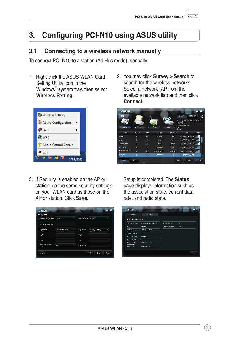 Configuring pci-n10 using asus utility, 1 connecting to a wireless network manually | Asus PCI-N10 User Manual | Page 12 / 34